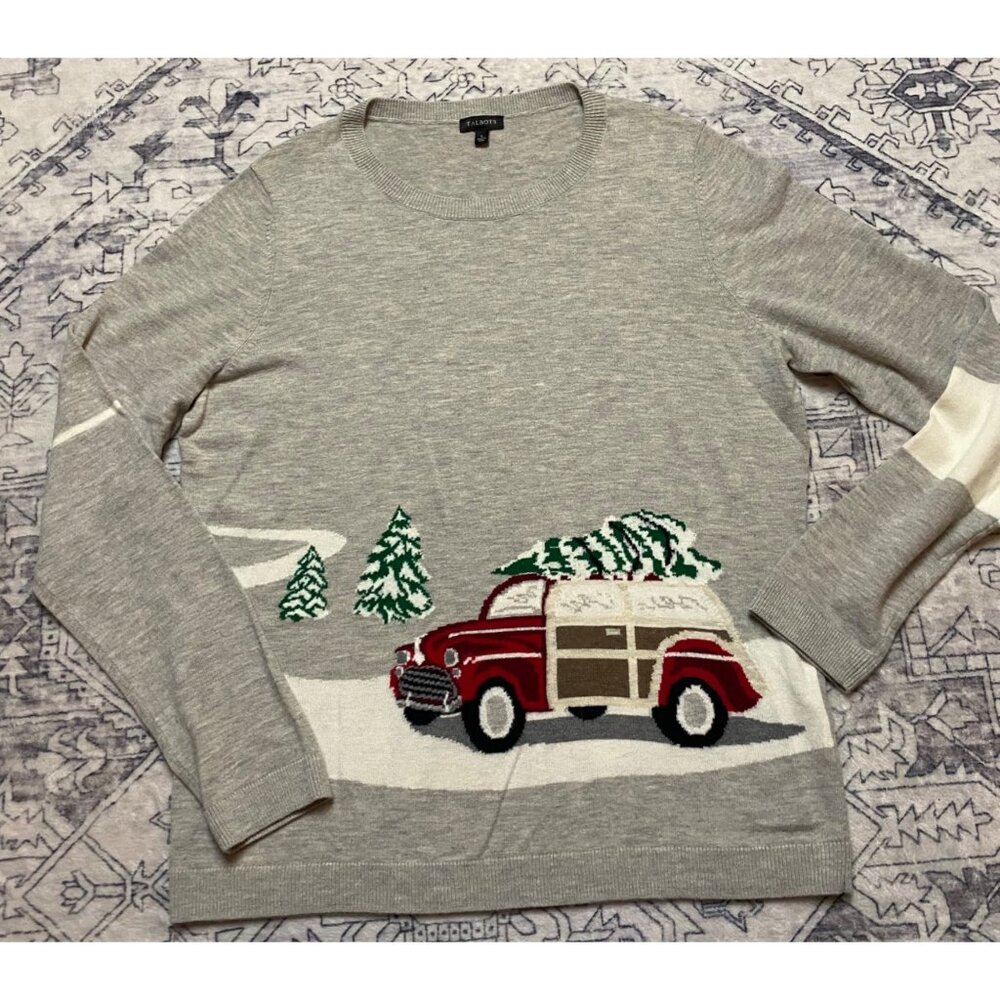 Talbots Gray Holiday Sweater Womens Size Large Red Truck Christmas Lambswool